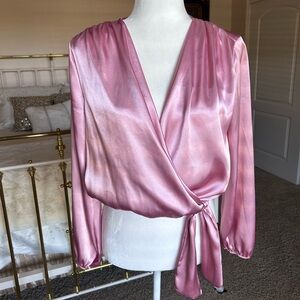 Pink Satin Crossover Surplice Tie Front Top